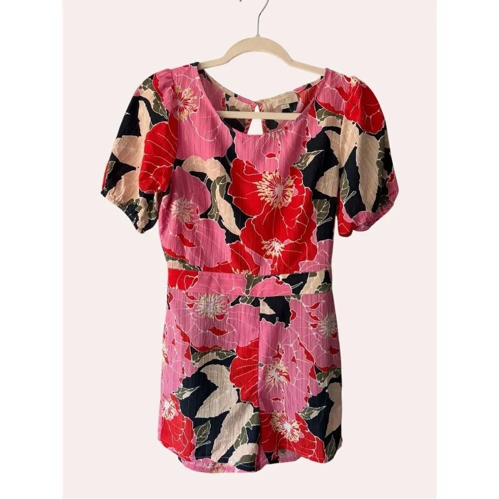 LOFT Outlet Floral Crinkle Cutout Romper Pink Red XS Summer Jumpsuit Short Sleev
